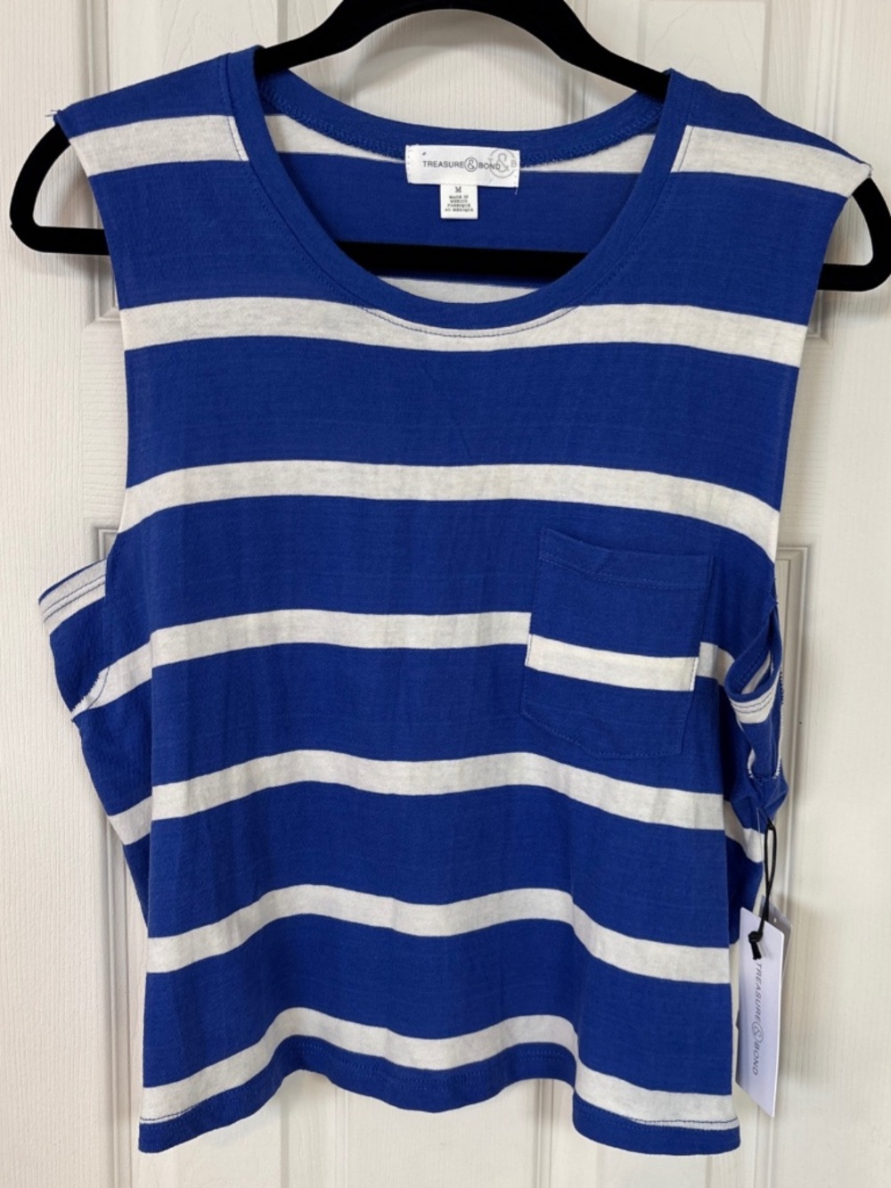 Treasure & Bond Tank Top Women Med Blue/Ivory Striped Cut Off Sleeves Pocket NWT